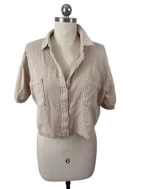 Womens Minimalist Gauzy Button Down Shirt Large Oatmeal Coastal Boho Earthy